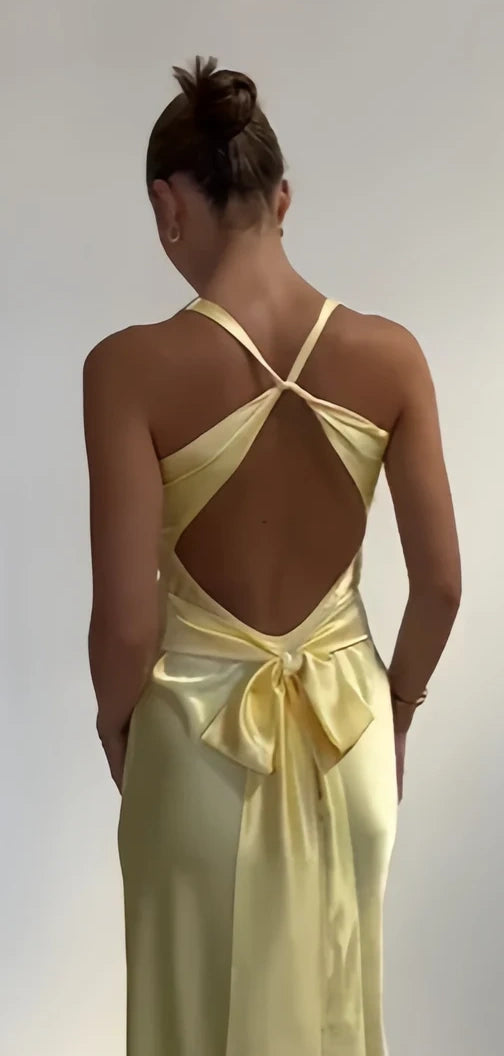 pastel yellow dress formal Pastel Yellow Satin Prom Dresses V-neck Evening Dress Open Back FD6001   Viniodress