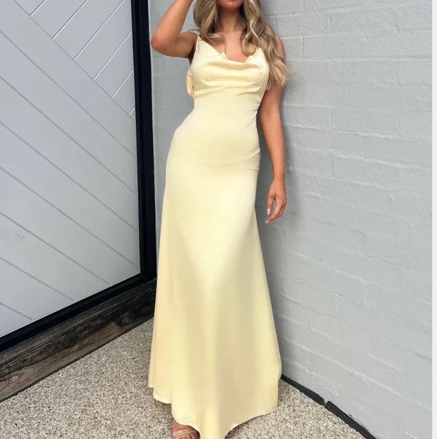 Pearl Straps Patel Yellow Satin Long Prom Dress Backless Birthday Dress, AST901 - Asteria