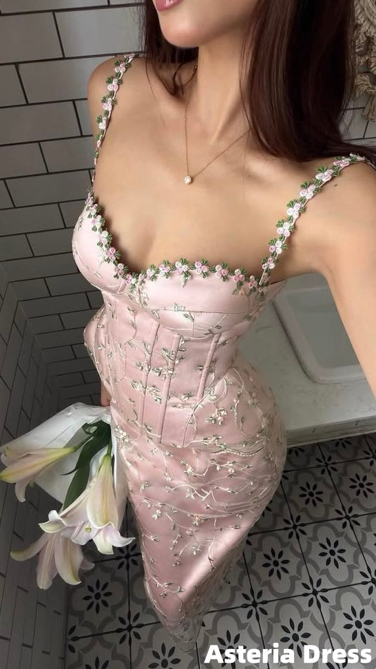 Pink Embroidery Floral Mermaid Prom Dresses