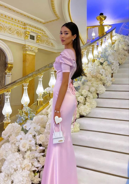 Pink Mermaid Satin Prom Dresses Formal Evening Party Dress,AST2263