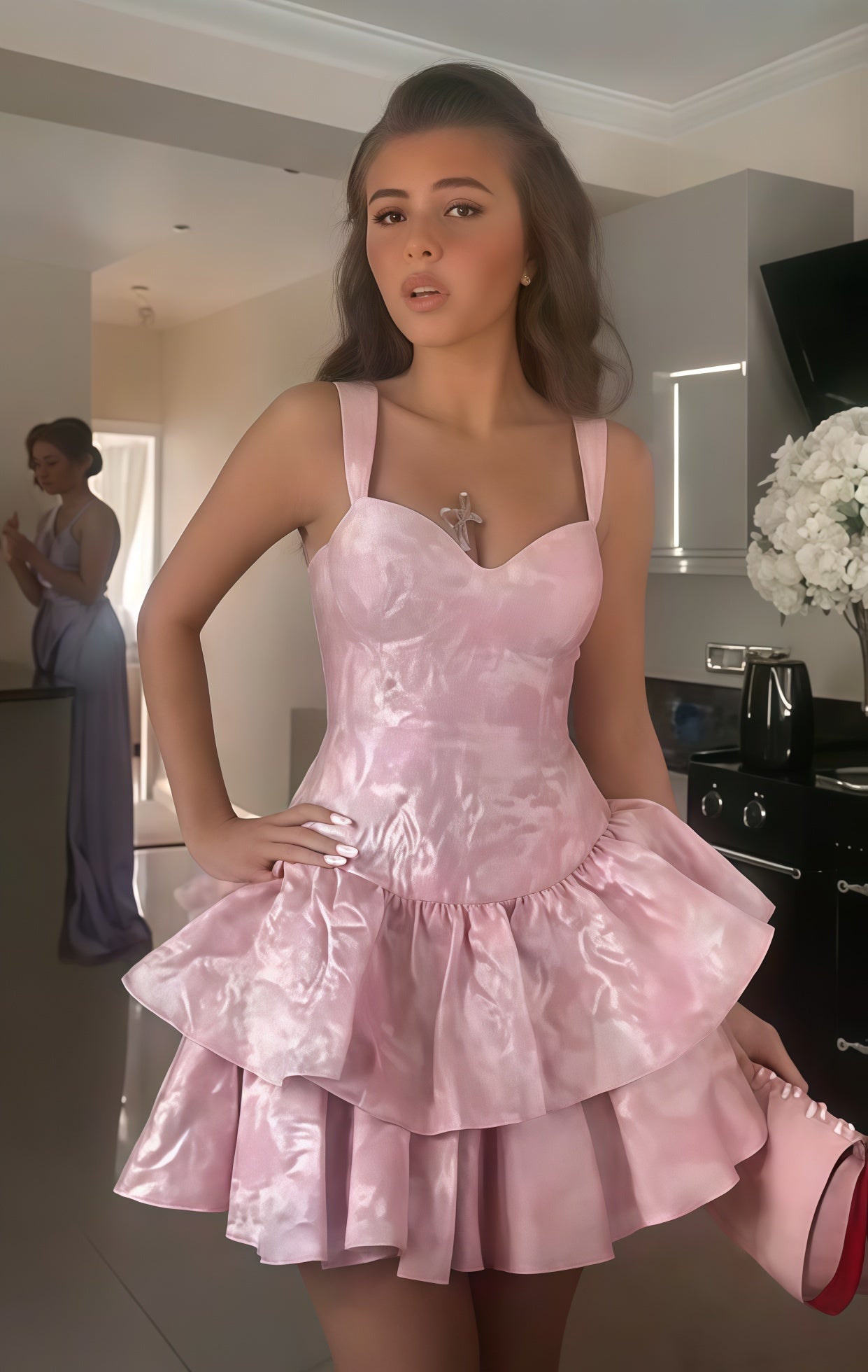 Pink Sweetheart A-line Homecoming Dress Floral Print Ruffle Mini Party Dress,AST1902