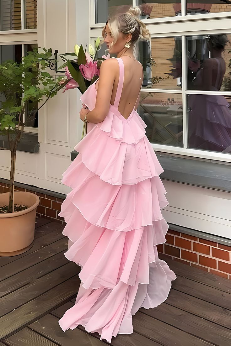 Pink Ruffle Chiffon Party Dress, AST1734