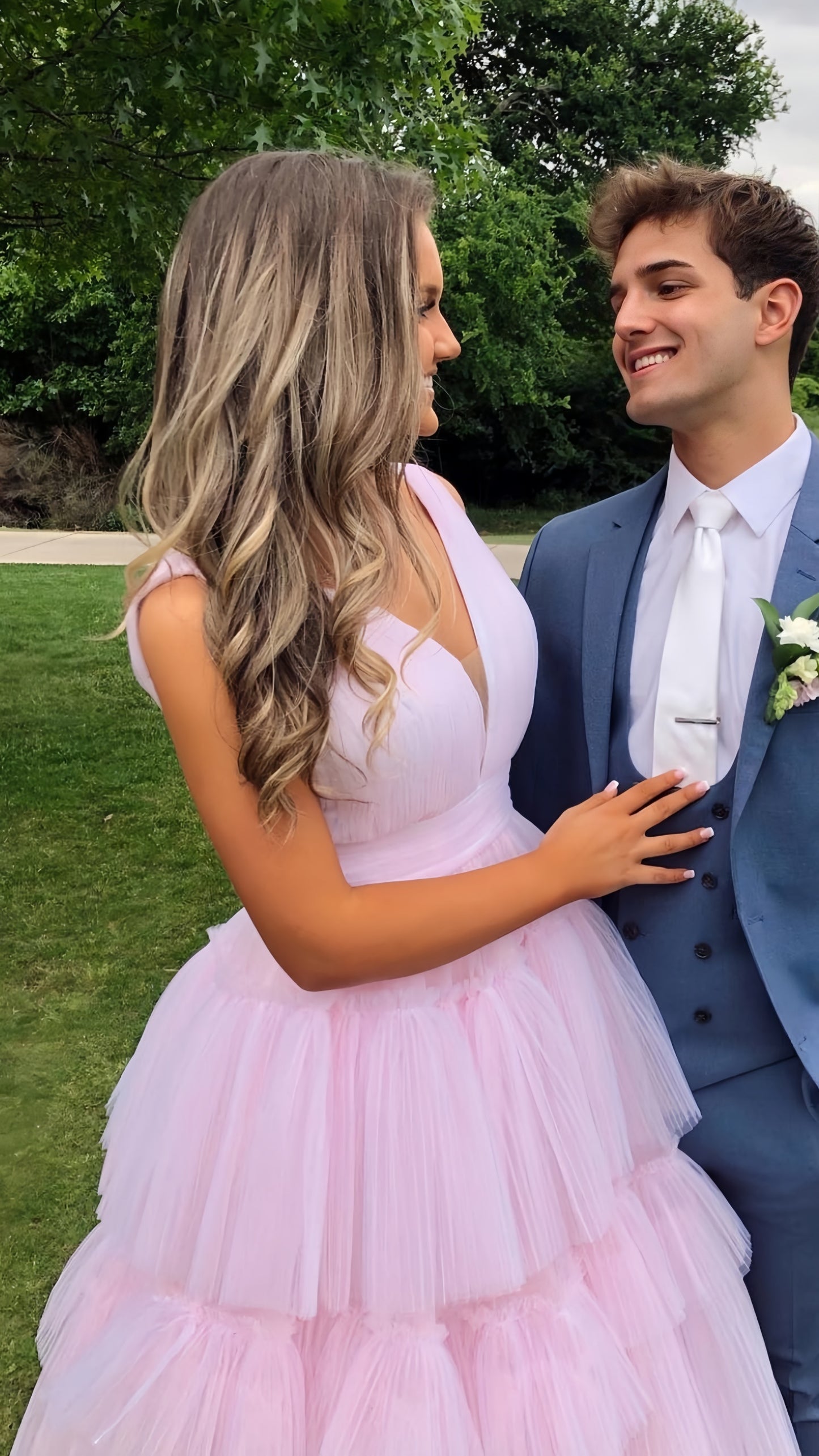 Pink V-Neck Tulle Prom Dresses, Ruffle Floor Length Evening Party Gown, AST1566