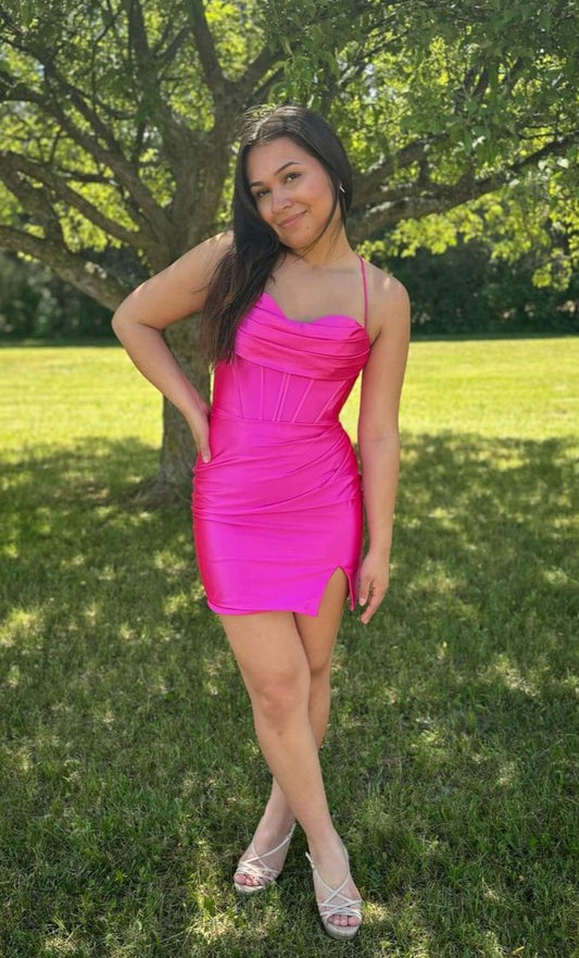 Fuchsia Spaghetti Straps Tight Homecoming Dress, AST1360