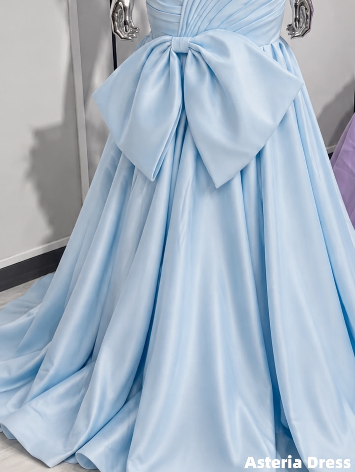 Pretty Prom Dresses Sky Blue Pleated Long Party Dresses With Bow