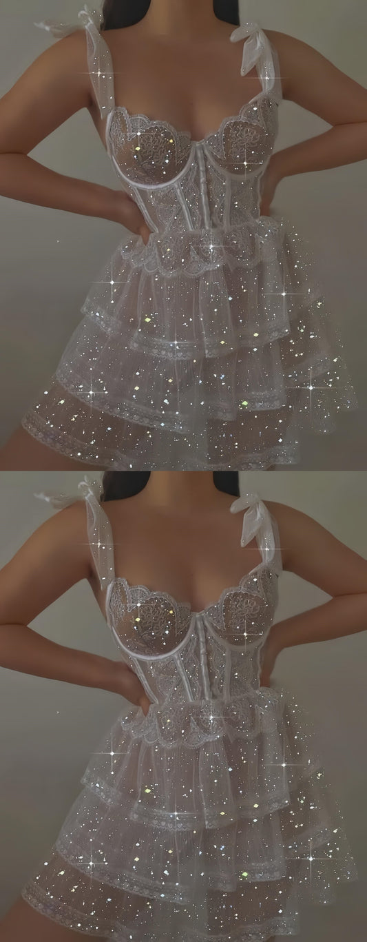 Princess White Lace Homecoming Dresses Sleeveless Party Dress, AST1903