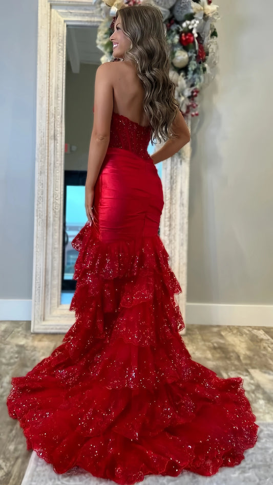 Red Mermaid Appliques Lace Prom Dresses Strapless Evening Party Dress,AST2216