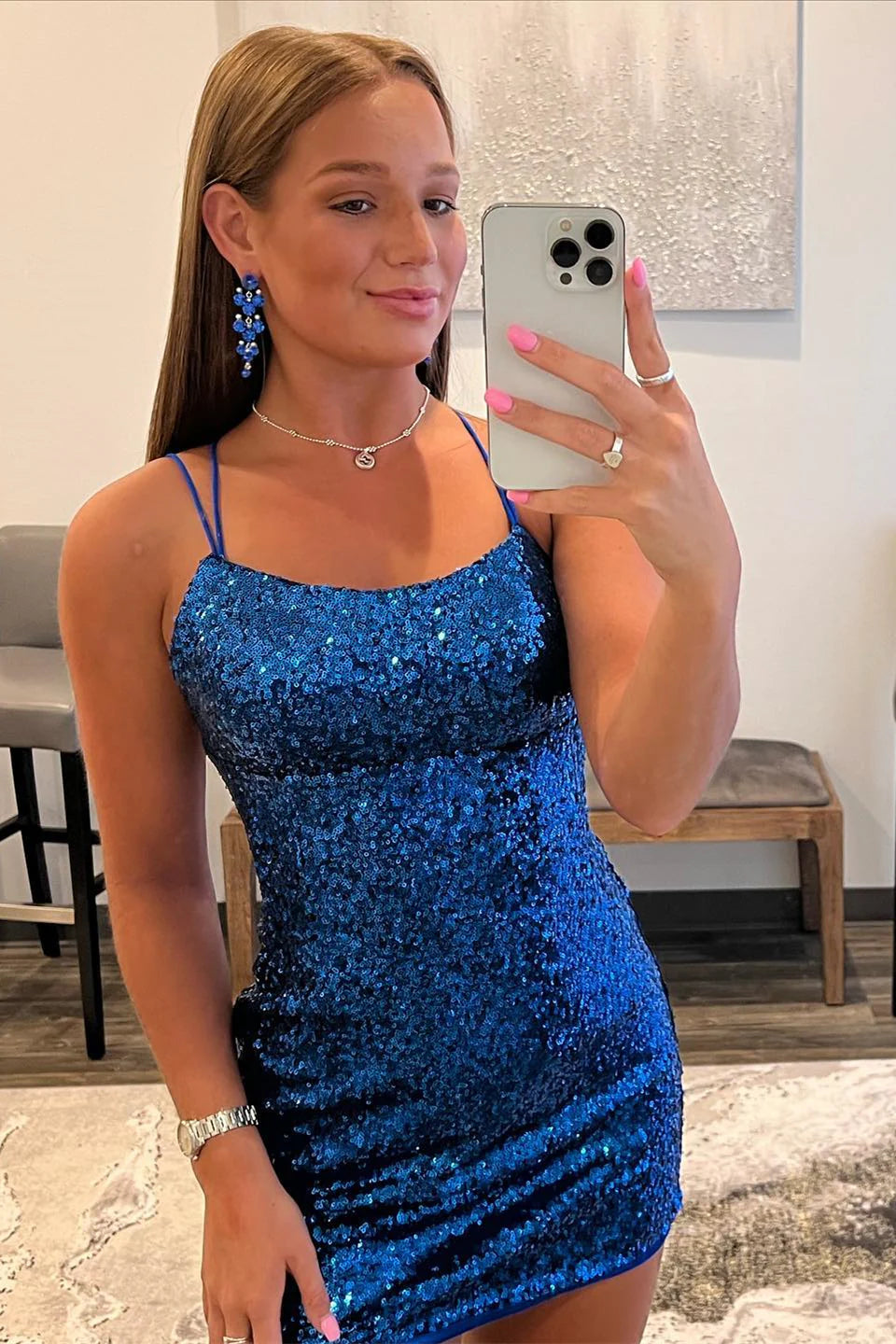 Royal Blue Sequin Bodycon Mini Homecoming Dress, AST1160