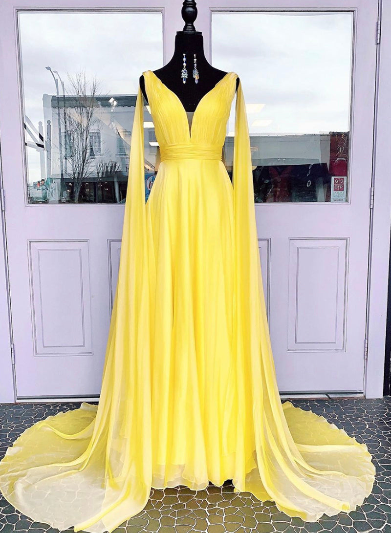 Yellow Chiffon Prom Dress V-Neck - Evening Gown