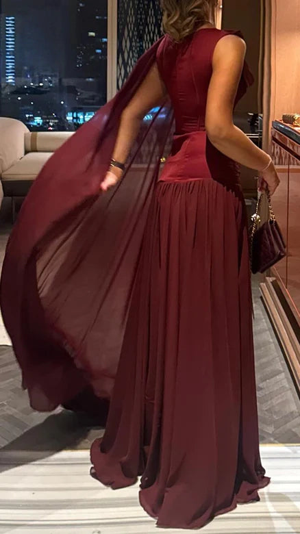 Scoop-Neck Off-Shoulder Sleeveless Pleated Chiffon Floor-Length A-Line Evening Dress,AST2307