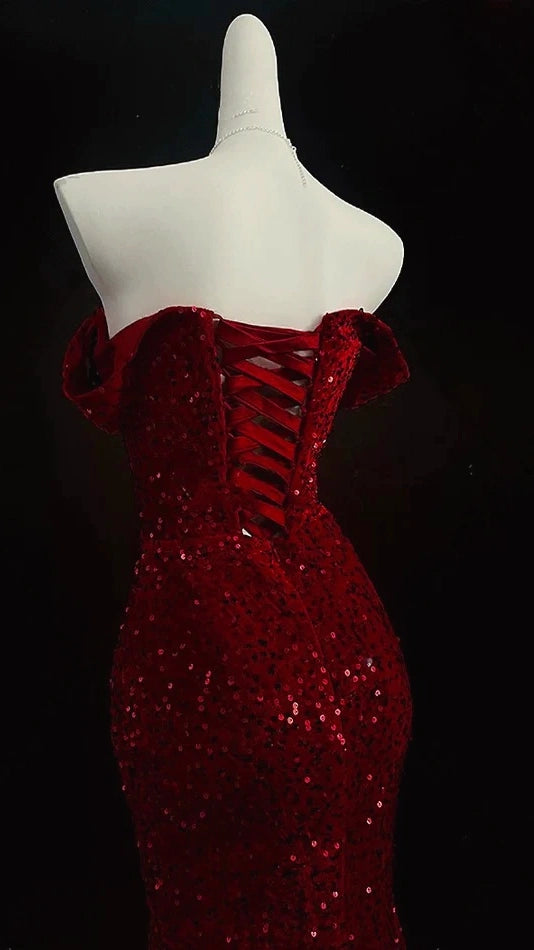 Burgundy Red Sequin Mermaid Prom Dresses Long Evening Party Dress,AST2131