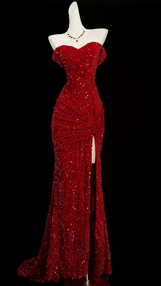Burgundy Red Sequin Mermaid Prom Dresses Long Evening Party Dress,AST2131
