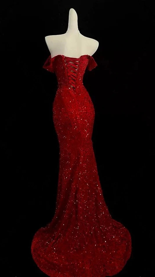 Burgundy Red Sequin Mermaid Prom Dresses Long Evening Party Dress,AST2131