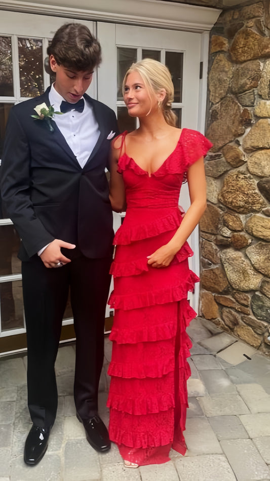 Lace Red Long Prom Dresses Evening Dress With Slit,AST2073