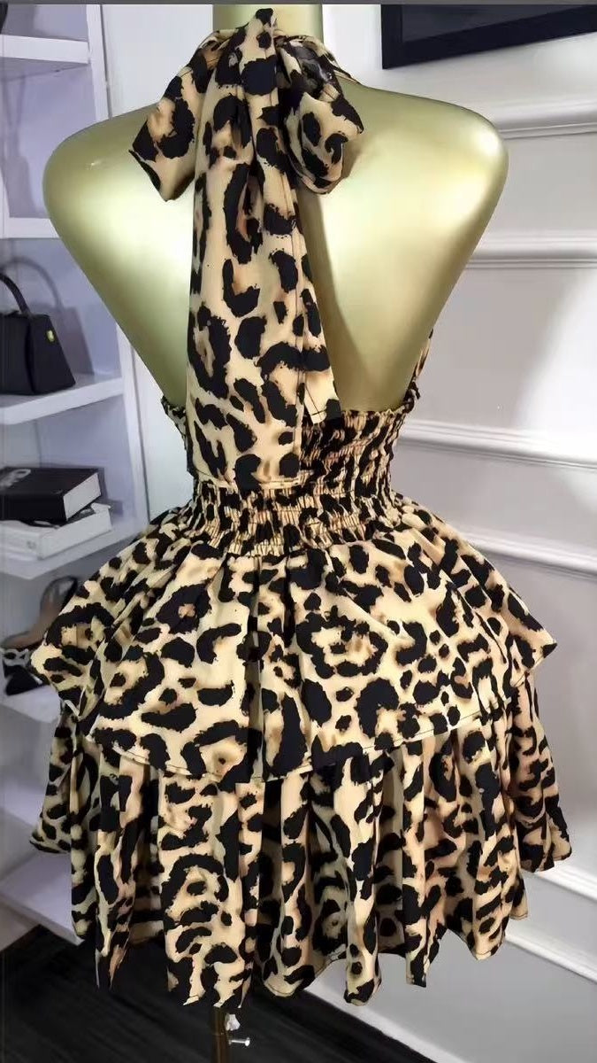Sexy Leopard Chiffon Halter Homecoming Party Dresses,AST1981
