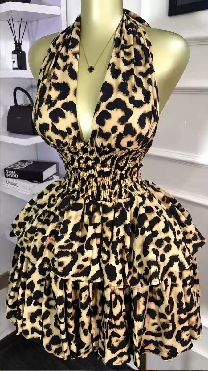 Sexy Leopard Chiffon Halter Homecoming Party Dresses,AST1981