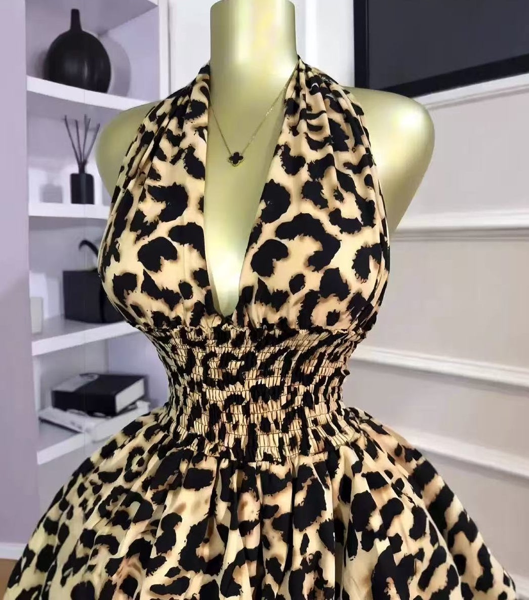 Sexy Leopard Chiffon Halter Homecoming Party Dresses,AST1981