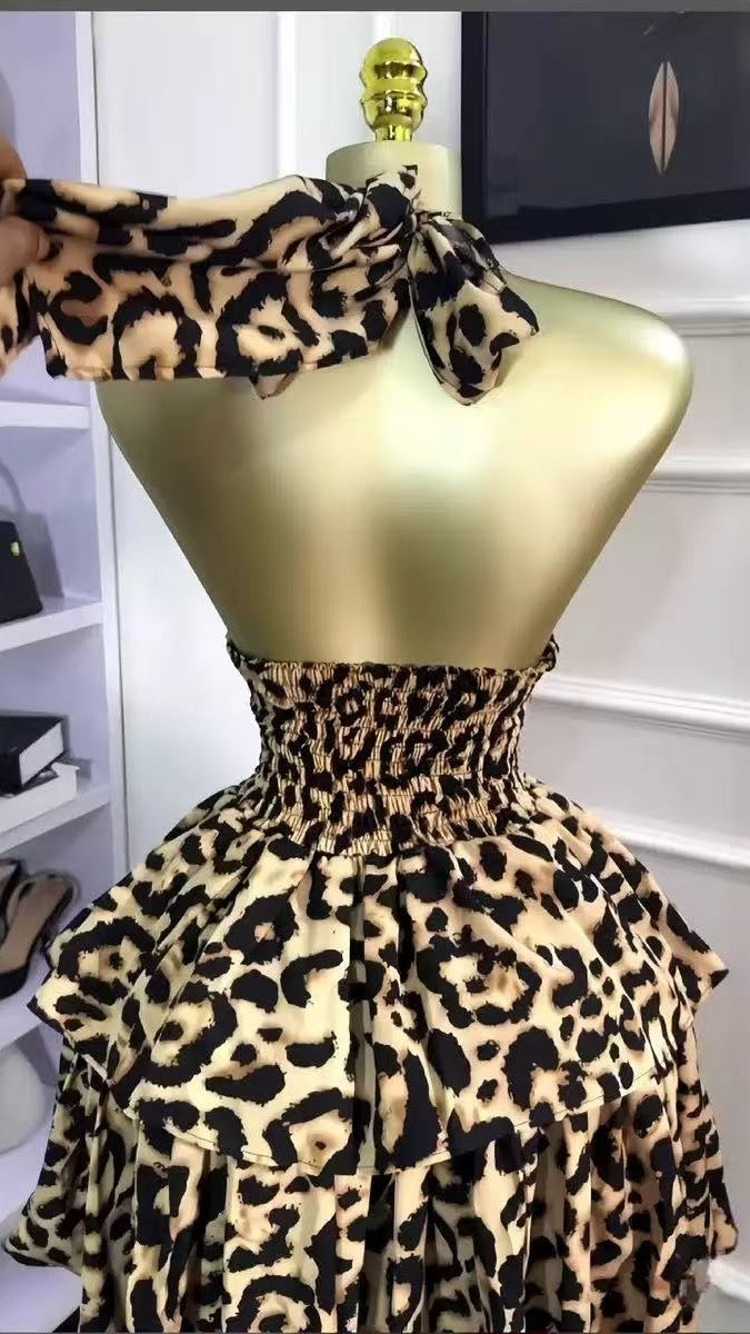 Sexy Leopard Chiffon Halter Homecoming Party Dresses,AST1981