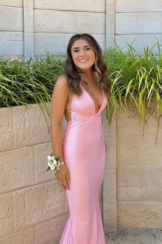 Light Pink Deep V-Neck Mermaid Prom Dresses With Sweep Train, AST1486