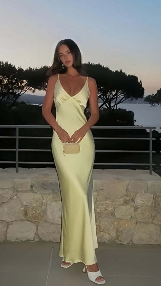 Pastel Yellow V-neck Prom Dresses Backless Evening Party Dress,AST2129