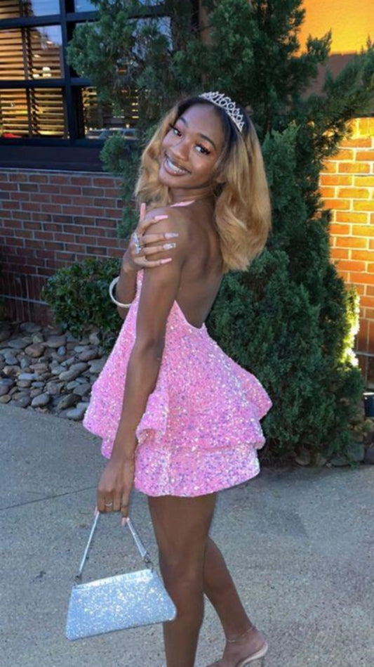 V-neck Sequin Homecoming Dresses Mini Party Dress, AST2051