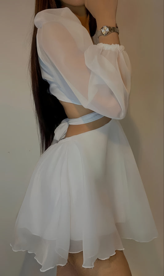 White Chiffon Homecoming Dresses Long Sleeves Short Party Dress,AST1910
