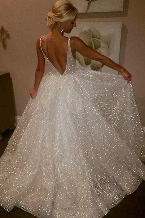 Sparkly V-neck Sleeveless Backless Floor-length Wedding Dresses,Prom Dresses,AST1219