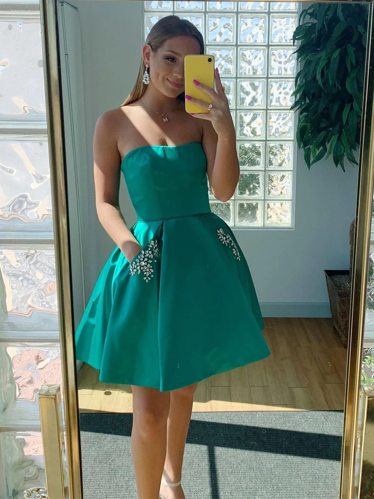 Short Strapless Green Prom Dresses with Pockets, Strapless Short Green