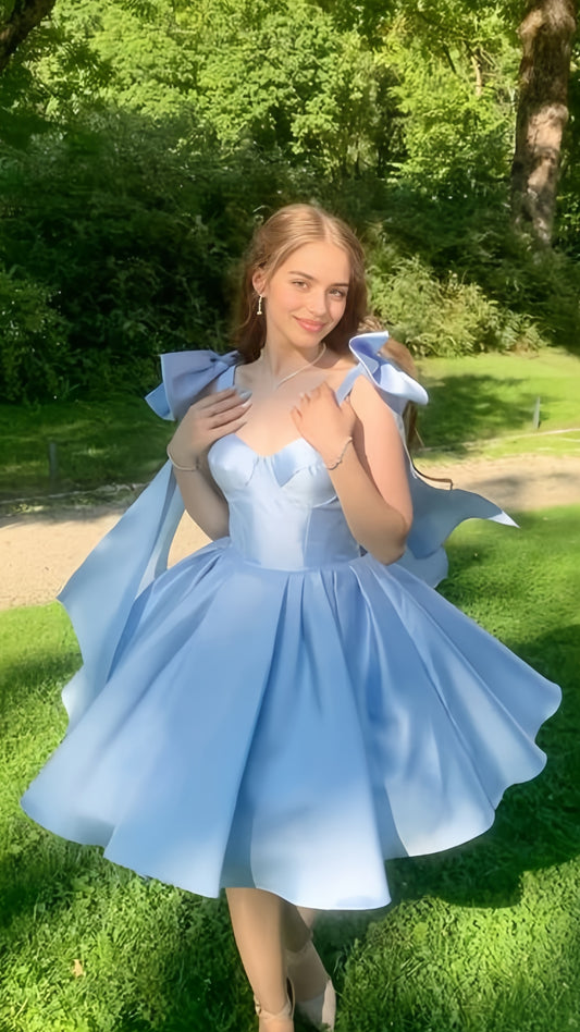 Sky Blue A-Line Homecoming Dresses Bowknot Straps Hoco Graduation Dress,AST2013