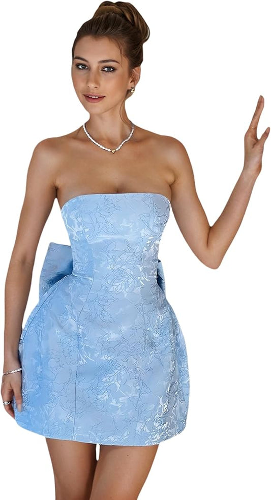 Sky Blue Floral Homecoming Dresses With Bowknot, AST2035