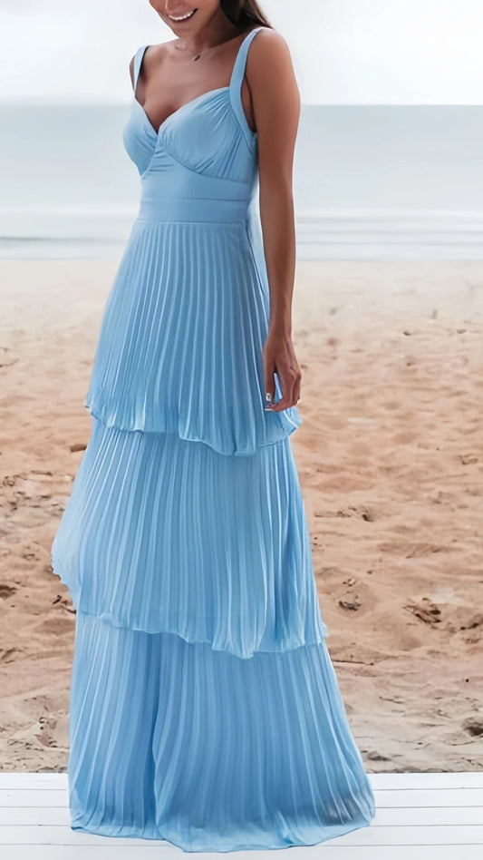Sky Blue Pleated Long Prom Dresses V-neck Evening Dress,AST2076