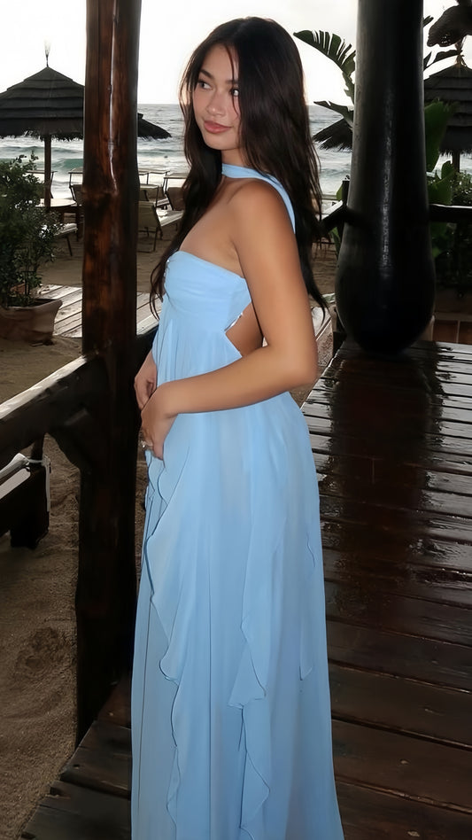 Sky Blue Ruffle Chiffon Party Dress, AST1743