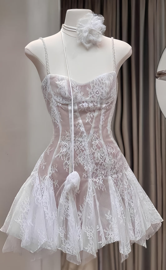 Spaghetti Straps Lace A-line Homecoming Dresses Mini Graduation Dress,AST1893