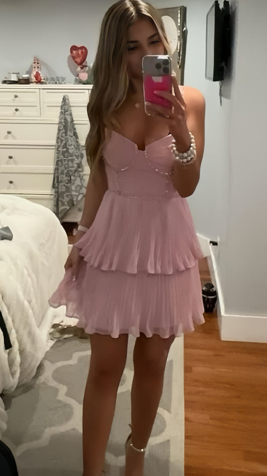 Spaghetti Straps Pink Chiffon Beaded Pleated Homecoming Dresses, AST1928