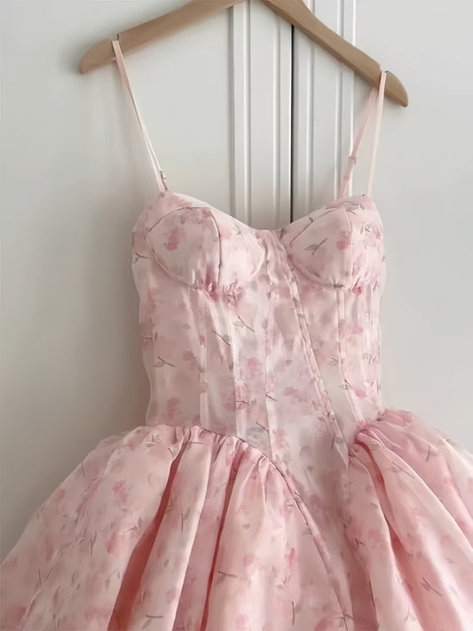 Spaghetti Straps Pink Floral Homecoming Dresses Sweetheart Birthday Party Dress,AST2005