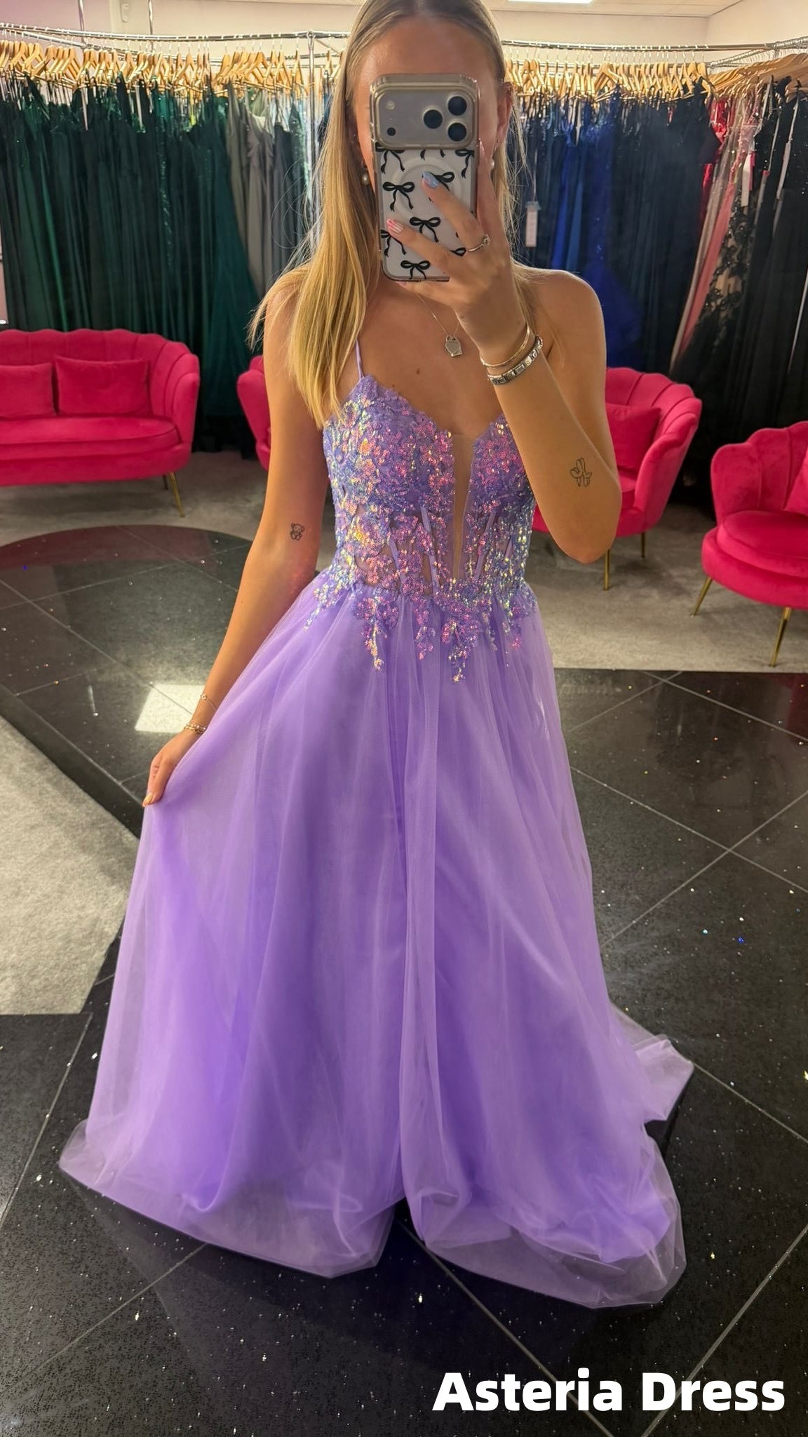 Spaghetti Straps Purple Sequins Tulle Prom Dresses, V-Neck Formal Dress