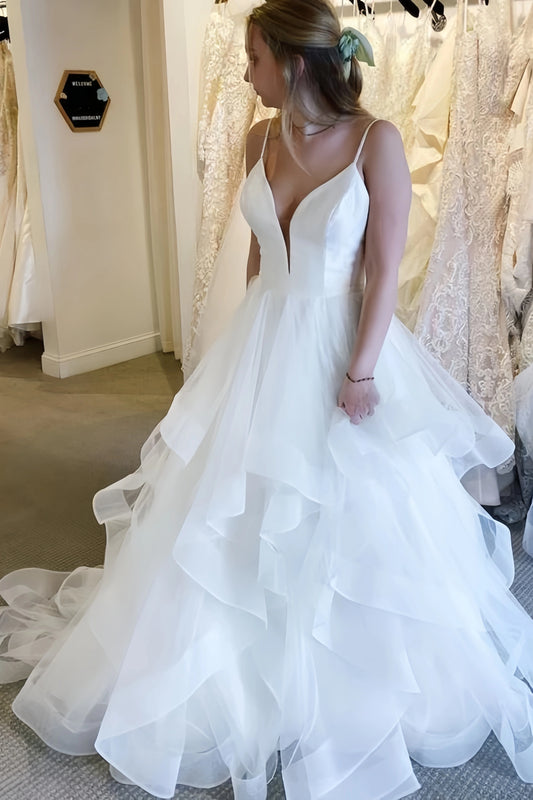 Spaghetti Straps White Ruffles Wedding Dress, A-Line Tulle Party Dress, AST1594