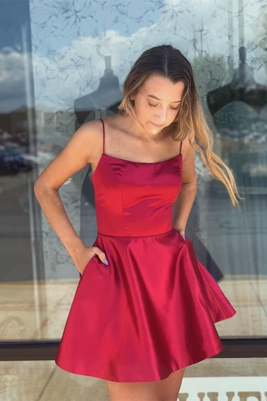 Spaghetti Straps Burgundy Satin Mini Homecoming Dresses, AST980