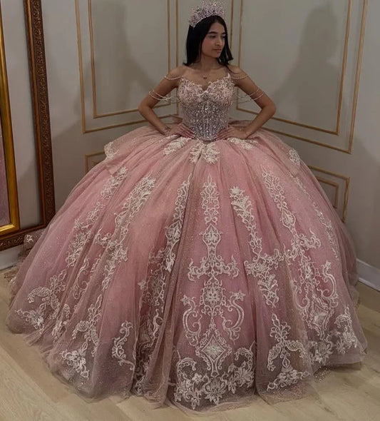 Sparkle Ball Gown Appliques Pink Quinceanera Dresses, Sweet 16 Dress,AST2119