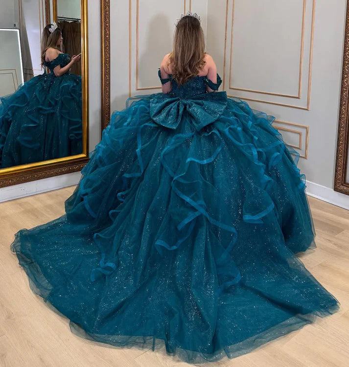 Sparkle Blue Off The Shoulder Long Party Dresses Quinceanera Ball Gown Sweet Dress,AST2120