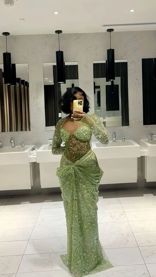 Sparkle Green Sequin Mermaid Prom Dresses Back Girls Evening Party Dress,AST2259