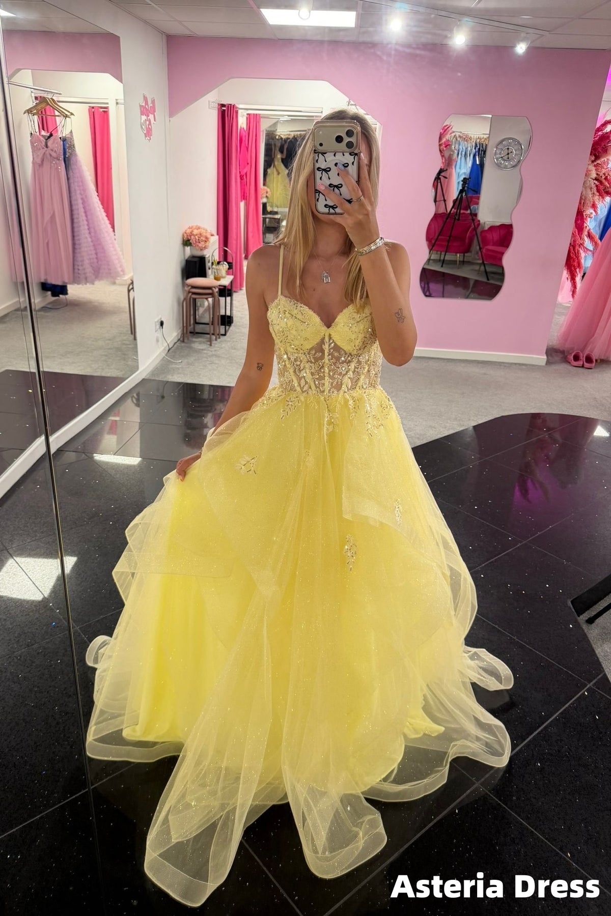 Sparkle Yellow Appliques Tulle Prom Dresses Birthday Party Dress