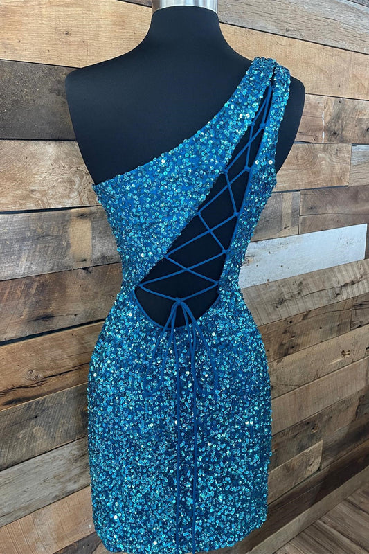 Sparkle Blue Sequin One Shoulder Bodycon Party Dress Homecoming Dresses , AST1176