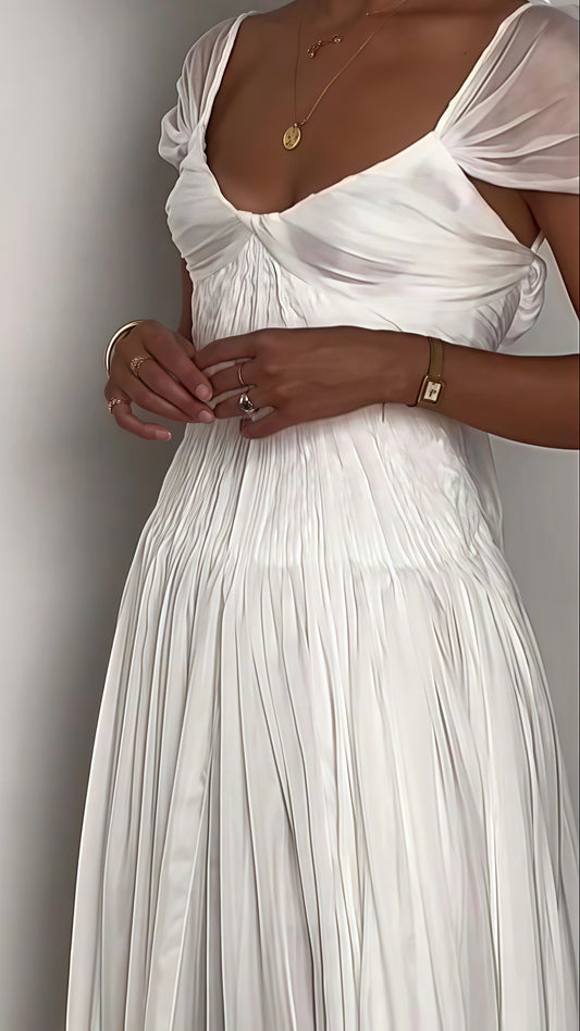 Special White Pleated Party Dress, Cap Sleeves Chiffon Wedding Gown,AST1761