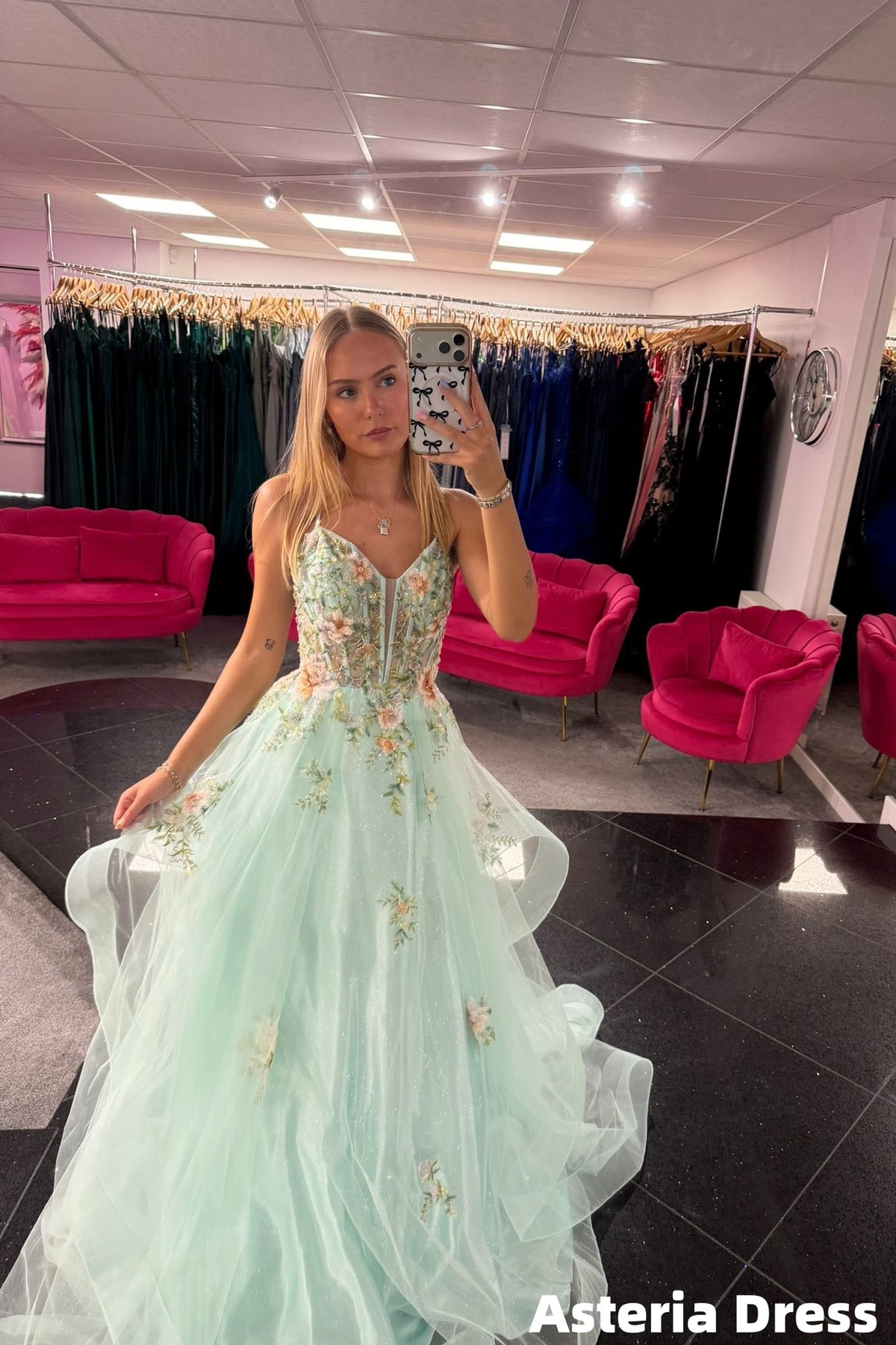 Spring Floral Embroidery Mint Green Tulle Ruffles Prom Dresses