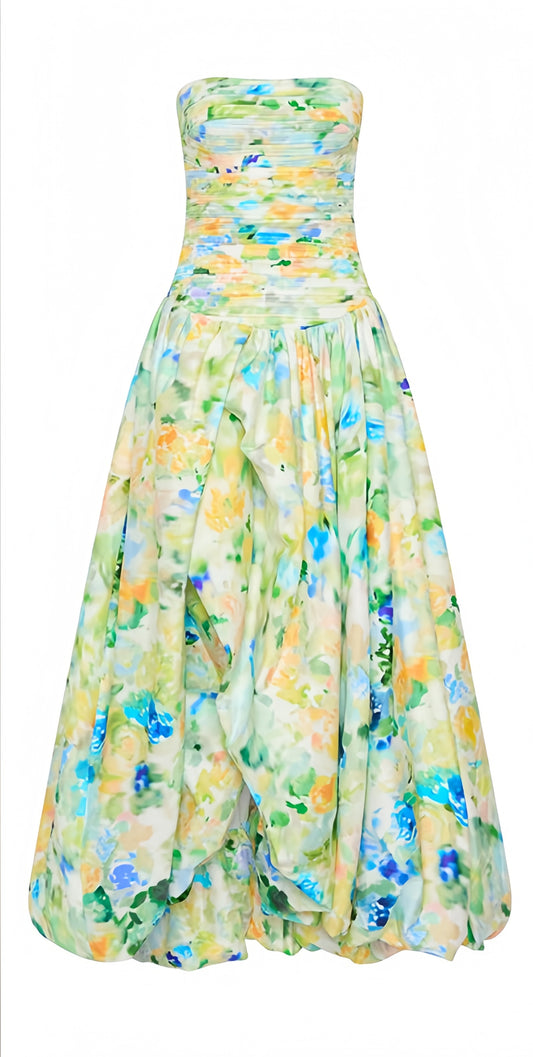 Spring Floral Strapless Prom Dresses Pleated Split Evening Party Gown,AST2271