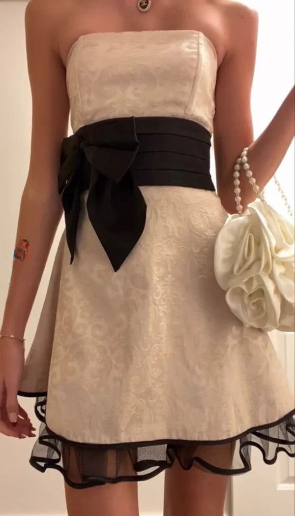Strapless Floral A-line Homecoming Dresses Champagne Black Mini Hoco Dress,AST1975