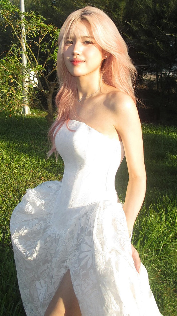 Strapless Ivory Lace Party Dress With Slit, Sleeveless Prom Dresses For Girls,AST2270