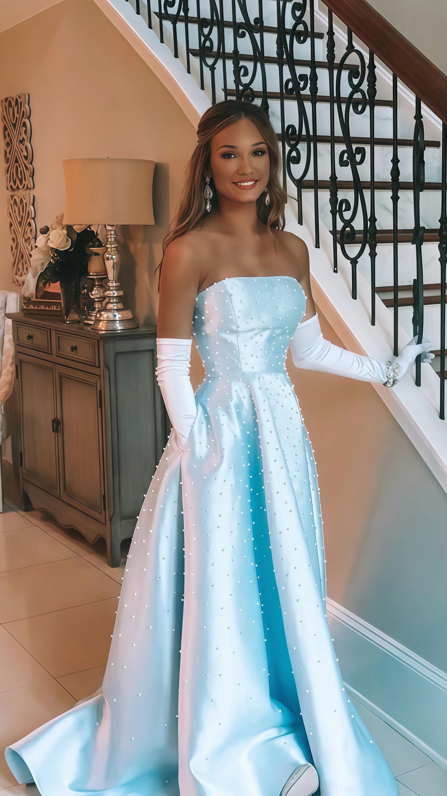 Strapless Light Blue Pearl Beaded Birthday Party Dress, Long Senior Prom Dress,AST1682