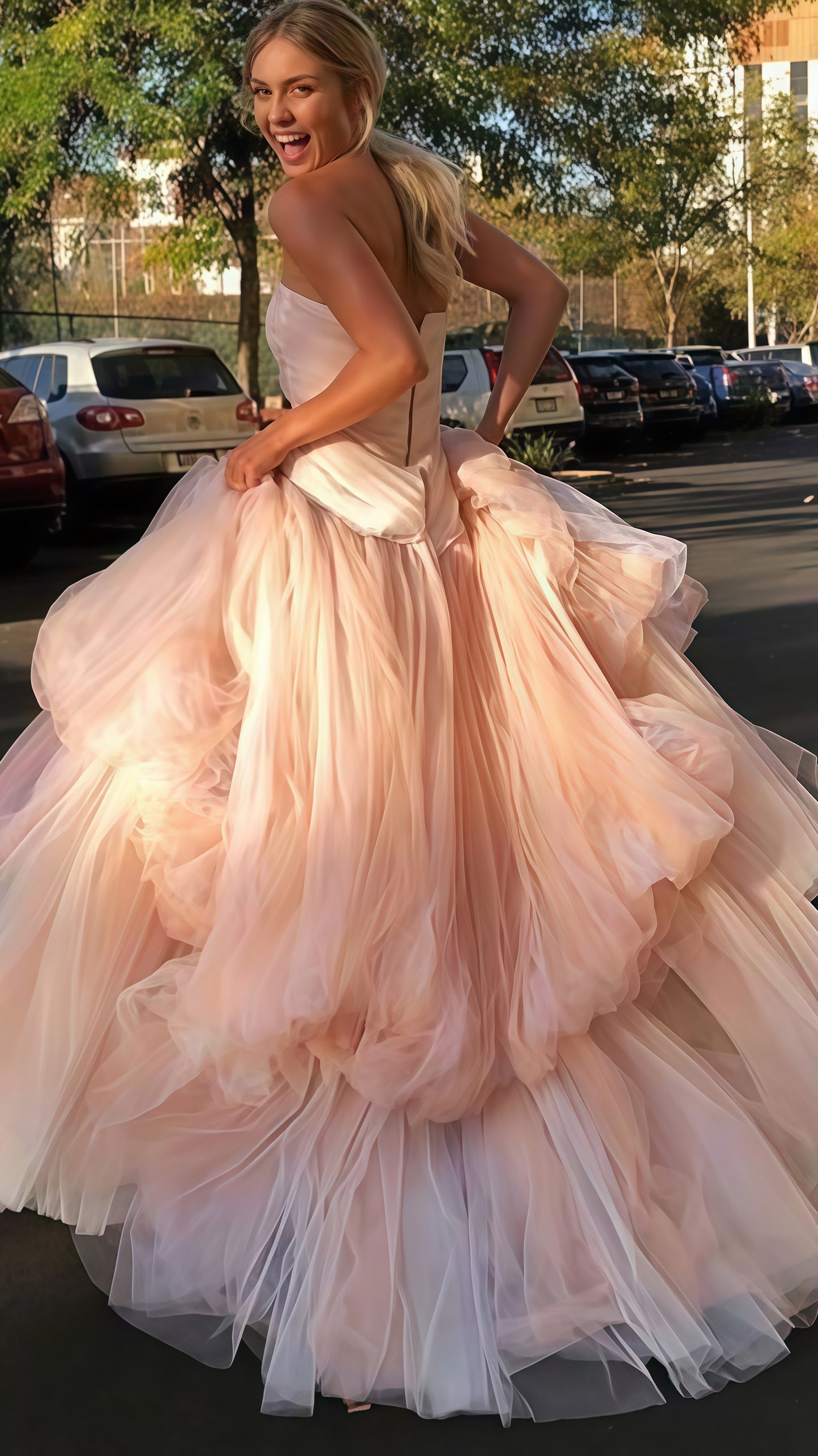 Strapless Light Pink Tulle Evening Prom Dresses,AST1674